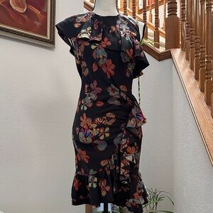 Ulla Johnson Floral Silk  Ruffle Black Dress